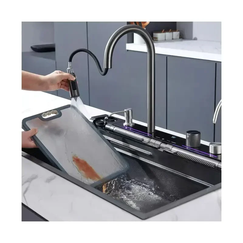 Commercial Restaurant Single Bowls Stainless Steel Waterfall Multifunctional Glass Rinser Smart Kitchen Sink