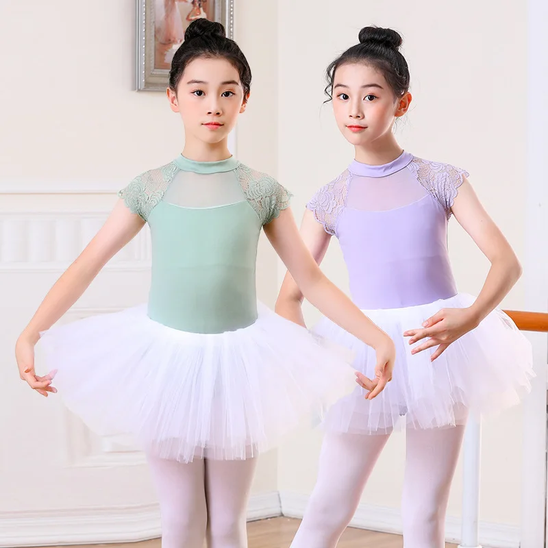 Summer Classical Dance Costume Kids Ballet Lace Leotard with Tutu Skirt Backless Short Sleeved Gymnastics Clothes for Girl Sweet