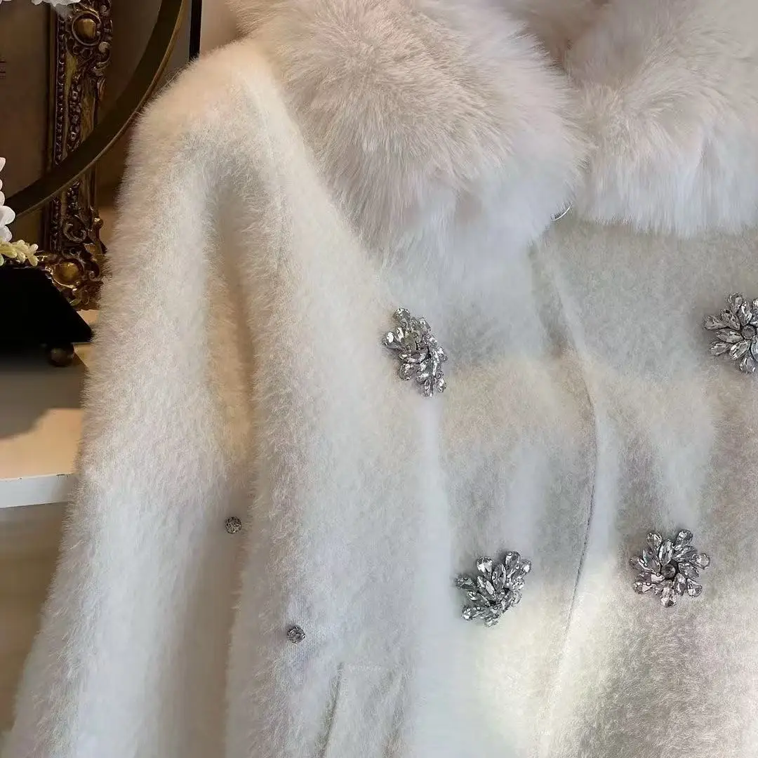 

Winter Trend New Heavy Industry Diamond Inlaid Faux Fox Fur Collar Knitwear Cardigan Coat Women's Mink Fur Thick Sweater Jacket