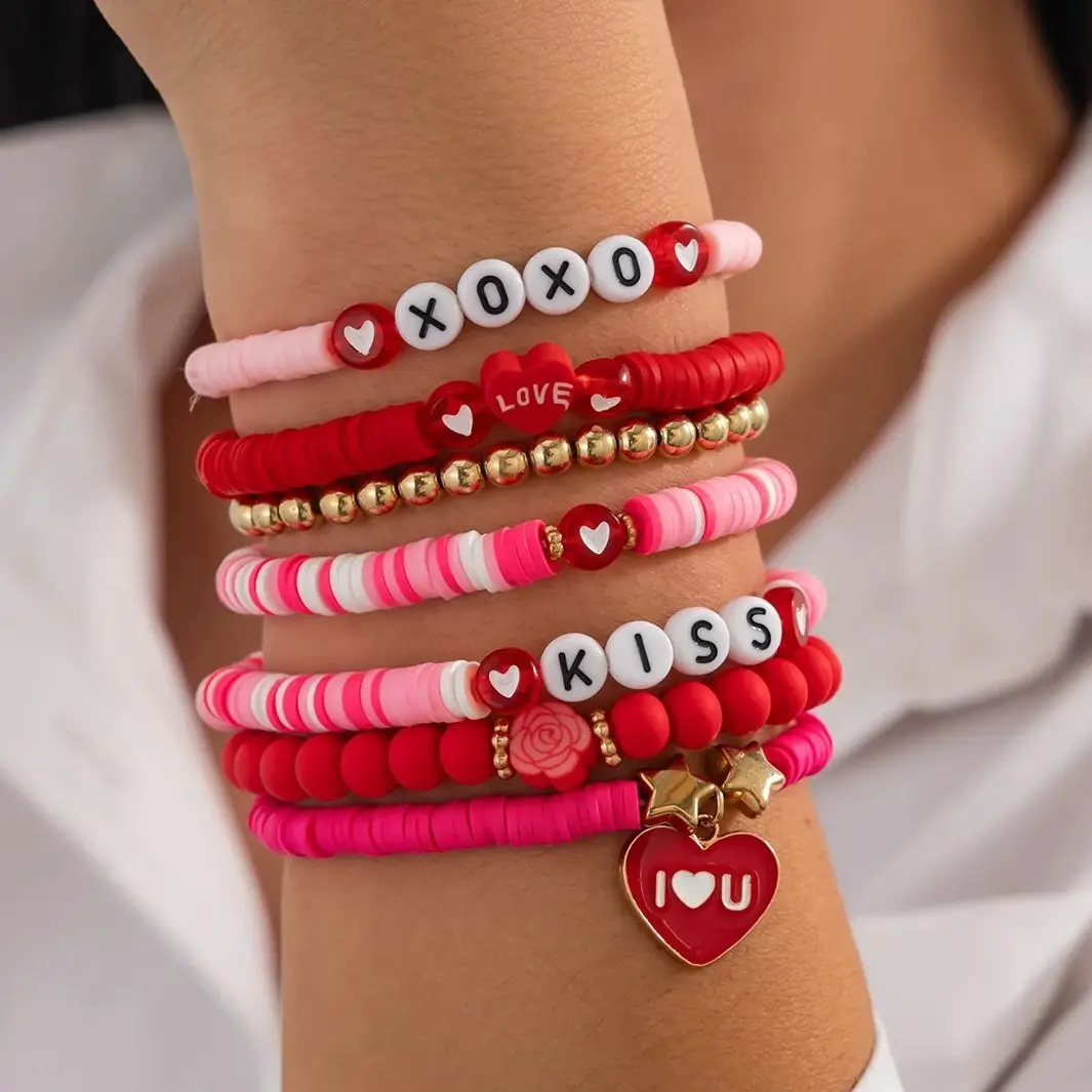 

PuRui Bohemia Multi Piece Set Pink Polymer Clay CCB Elastic Bracelet for Women Valentine's Day Style Letter Christmas Bracelet
