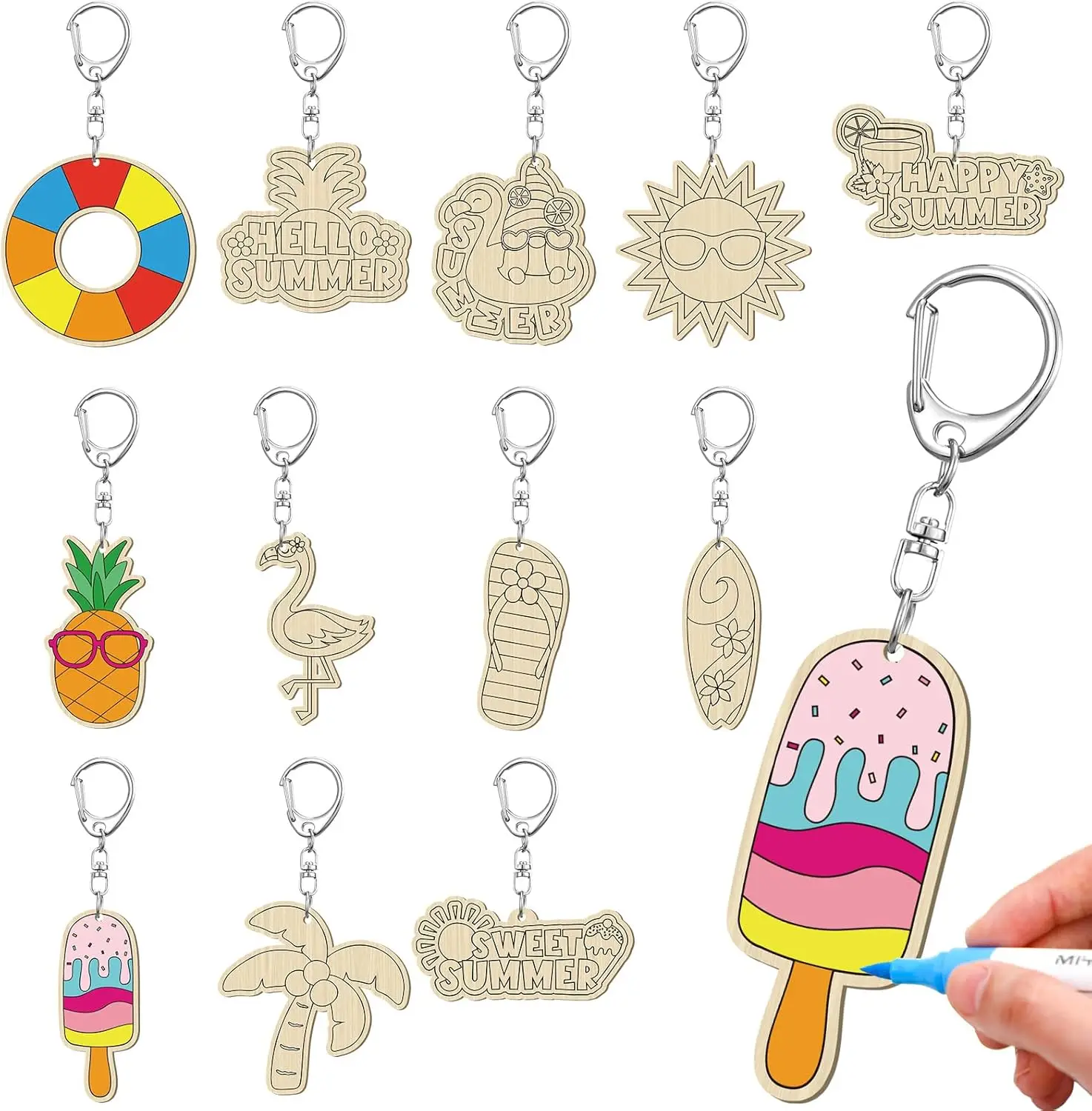 24 Pcs Summer Party Craft Color Your Own Keychains Diy Craft Wooden Blank Keychains for Sunday School Classroom Home Active Part