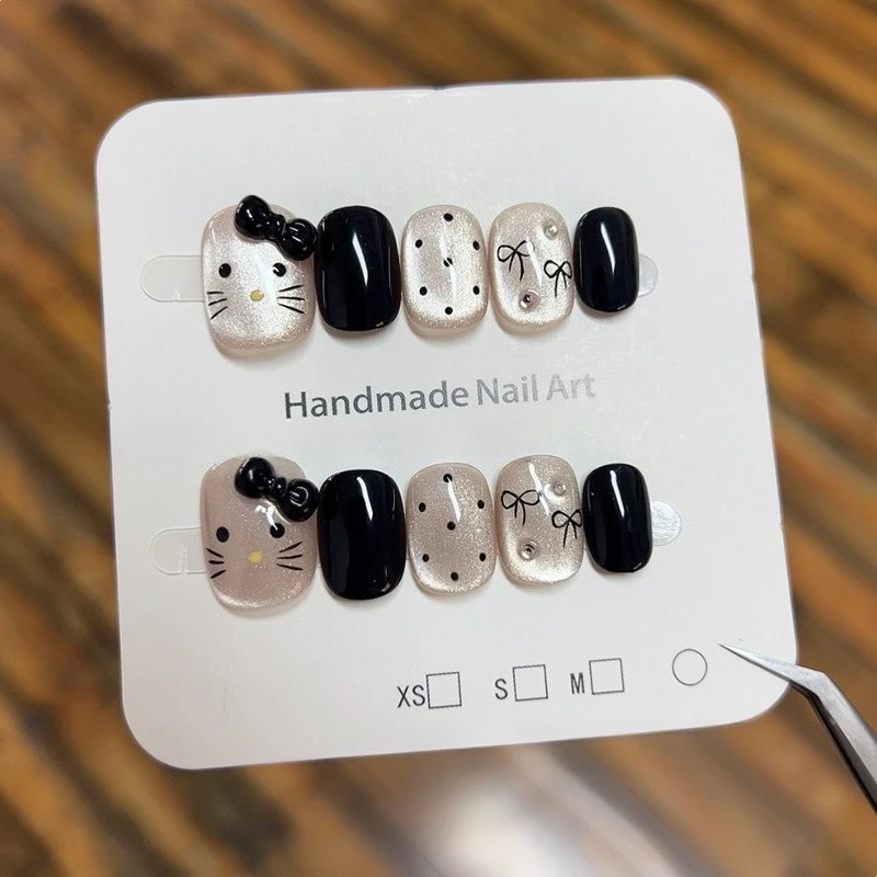 

10PCS Black Cat Eye Press on Nails Short Square Sweet Cool Style with Hand Painted Glass Beads Early Autumn False Nails Handmade