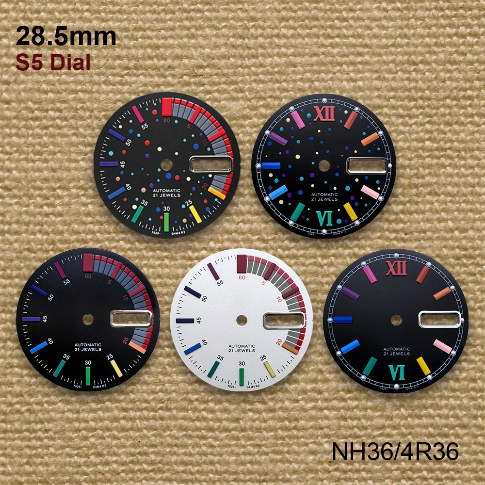 Acessórios de Modificação para Relógio: Mostrador Árabe S de 28,5mm, Compatível com Movimento NH36/4R36, Sem Luminosidade, Calendário Duplo, Preto Fosco Colorido