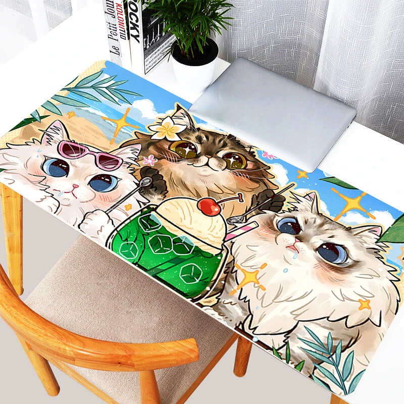 Summer Sea Beach Sky Mouse Pad XXL Black White Cat Keyboard Rug Laptop Gamer Cabinet Mousepad Kawaii Desk Mat PC Cute Anime Mat