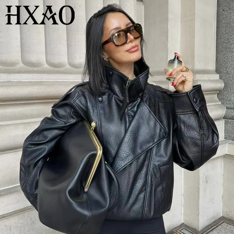 

HXAO Женская куртка из искусственной кожи, черная куртка, осень 2024, новинка, пальто и куртки, топы на молнии с длинными рукавами, верхняя одежда с воротником-стойкой