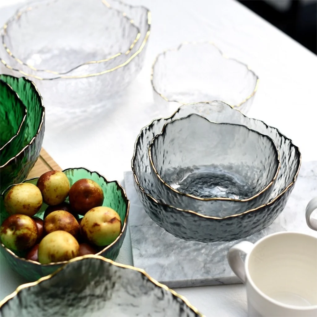 Transparent Salad Bowl with Gold Rim, Crystal Glass Bowl, Rice  Storage Container, Tableware Set, Snack and Dessert Bowls