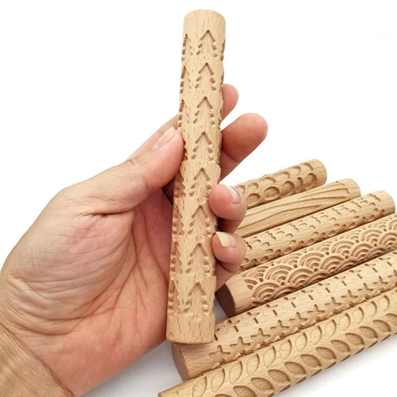 Wooden Embossed Rolling Pin For Pastry Baking Tools Engraving Cookies Stamp Kitchen Tool Reliefs Clay Ceramic Pottery Art Crafts