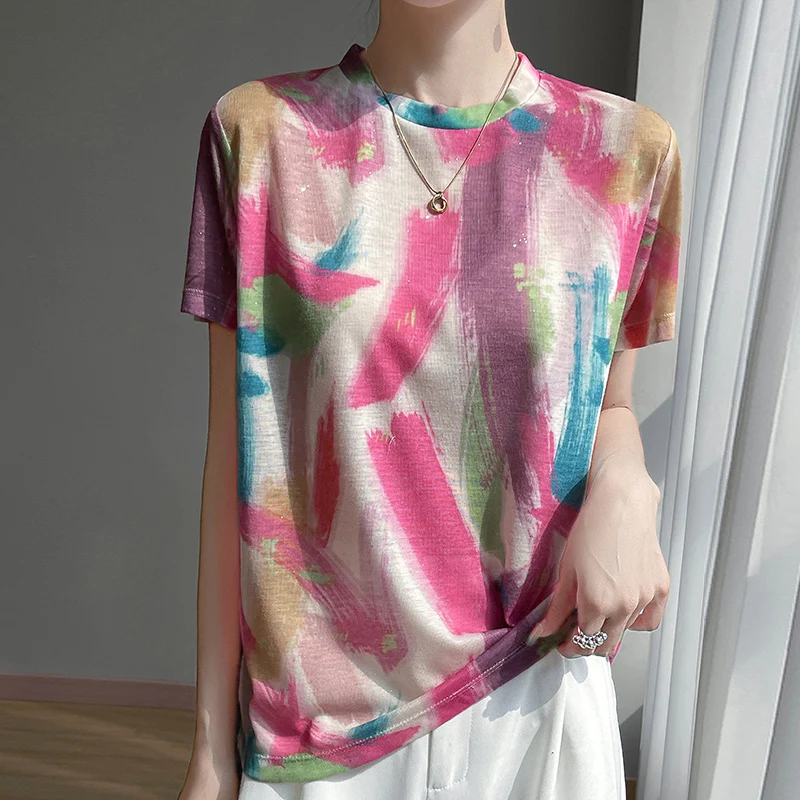100% Silk Printed Short Sleeved 12 Color Women's Summer Fashion T-shirt Korean Version Round Neck Loose Top ZH Z59