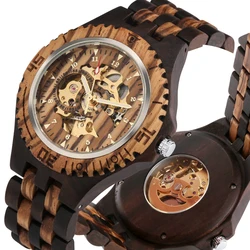 Full Wooden Automatic Men Watches Gold Analog Arabic Numerals Display Wood Bracelet Wristband Self-Winding Male Wristwatch