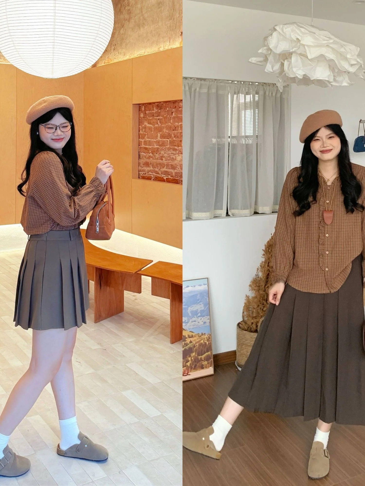 

Vintage Plaid Women's irt Cotton Long Sve Button up Fungus Design Slimming Top Versatile Early Autumn Korean Sle