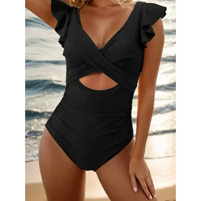 2024 New one-piece slim solid color printed cross hollow ruffle swimsuit for women