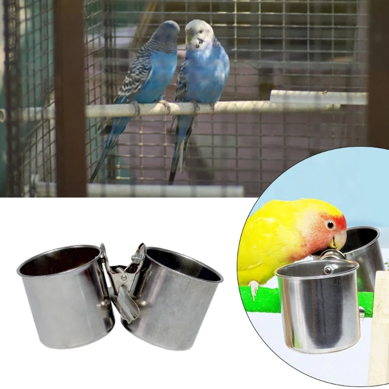 5PCS/Set Stainless Steel Bird Feeding Cup with Metal Clip Easy Clean Coops Cup Water Bowl for Parrots and Small Pets