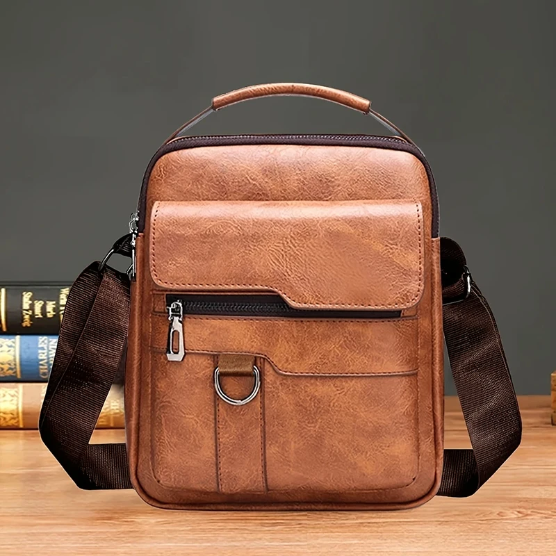 Herren Vintage PU-Leder Umhängetasche, lässige kleine Schulter-Messenger-Tasche mit mehreren Fächern, Handtasche für den täglichen Arbeits- und Reisegebrauch – Detail 9