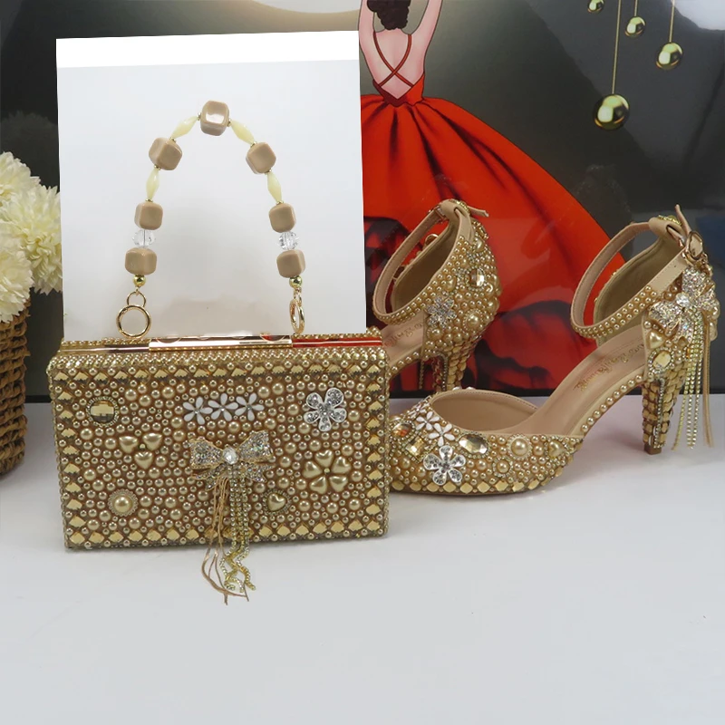 BaoYaFang Champagne Gold Crystal Bridal wedding shoes and Bag Pointed Toe Female Party Shoes Fashion Ankle Strap High Pumps