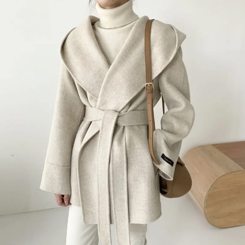 

Women Wool Coats Solid Blends Jackets Pocket Lace Up Hooded Long Sleeves Cinched Waist Thick Loose Fit Casual Office 2026 Autumn