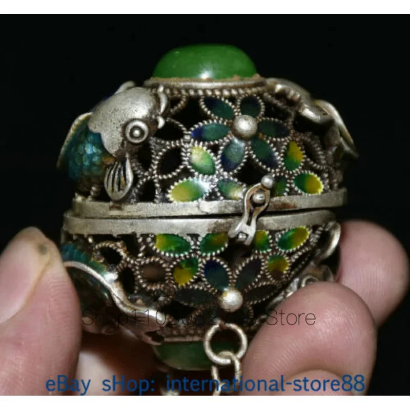 

1.8 Inch Old Chinese Enamel Silver Inlaid Green Jade Stone Palace Fish Hollow Pendant