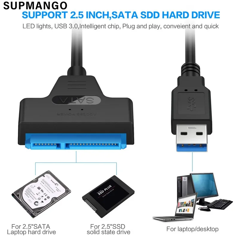 Cavo da SATA a USB 3.0 / 2.0 per disco rigido SSD HDD esterno da 2.5 pollici SATA 3 adattatore a 22 Pin cavo da USB 3.0 a Sata III fino a 6 Gbp