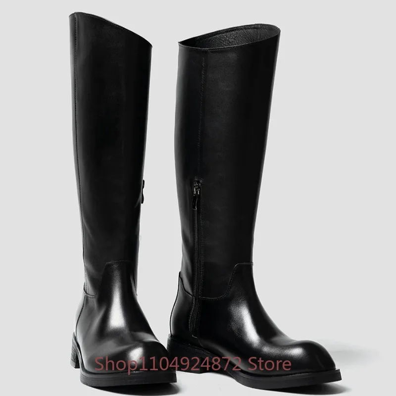 Black Genuine Leather Knee High Riding Boots Men's Shoes Half Zipper Outdoor Work Formal Chelsea Knight Long Leather Boots Male