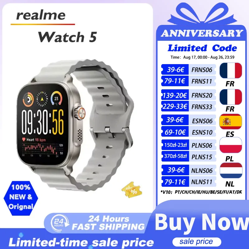 Image of realme Watch 5 Global Version 1,97" AMOLED 460mAh 14-Tage-Akkulaufzeit 300+ Themen GPS-GNSS-Unterstützung IP68 wasserdicht