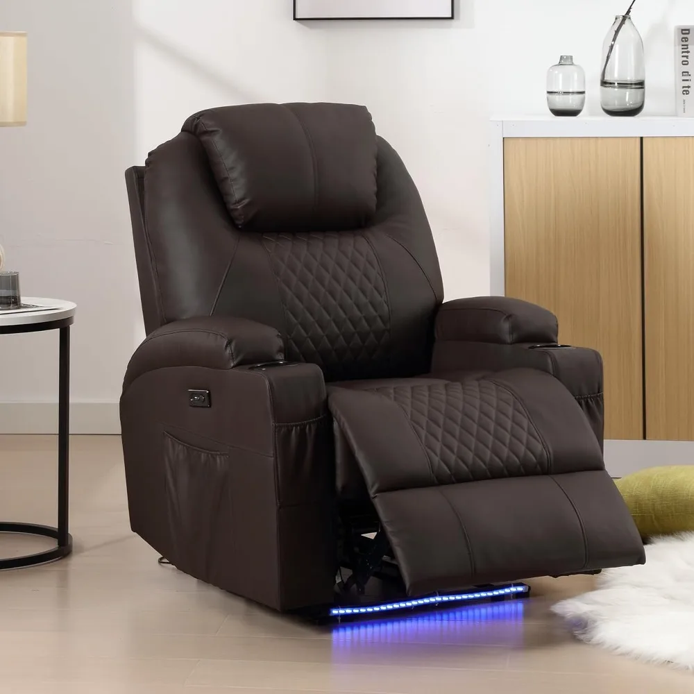 Power Recliner Chair, LED Ambient Lighting, Cup Holders/Side Pockets/USB Ports, PU Leather Lazy Sofa Heat Massage Chair