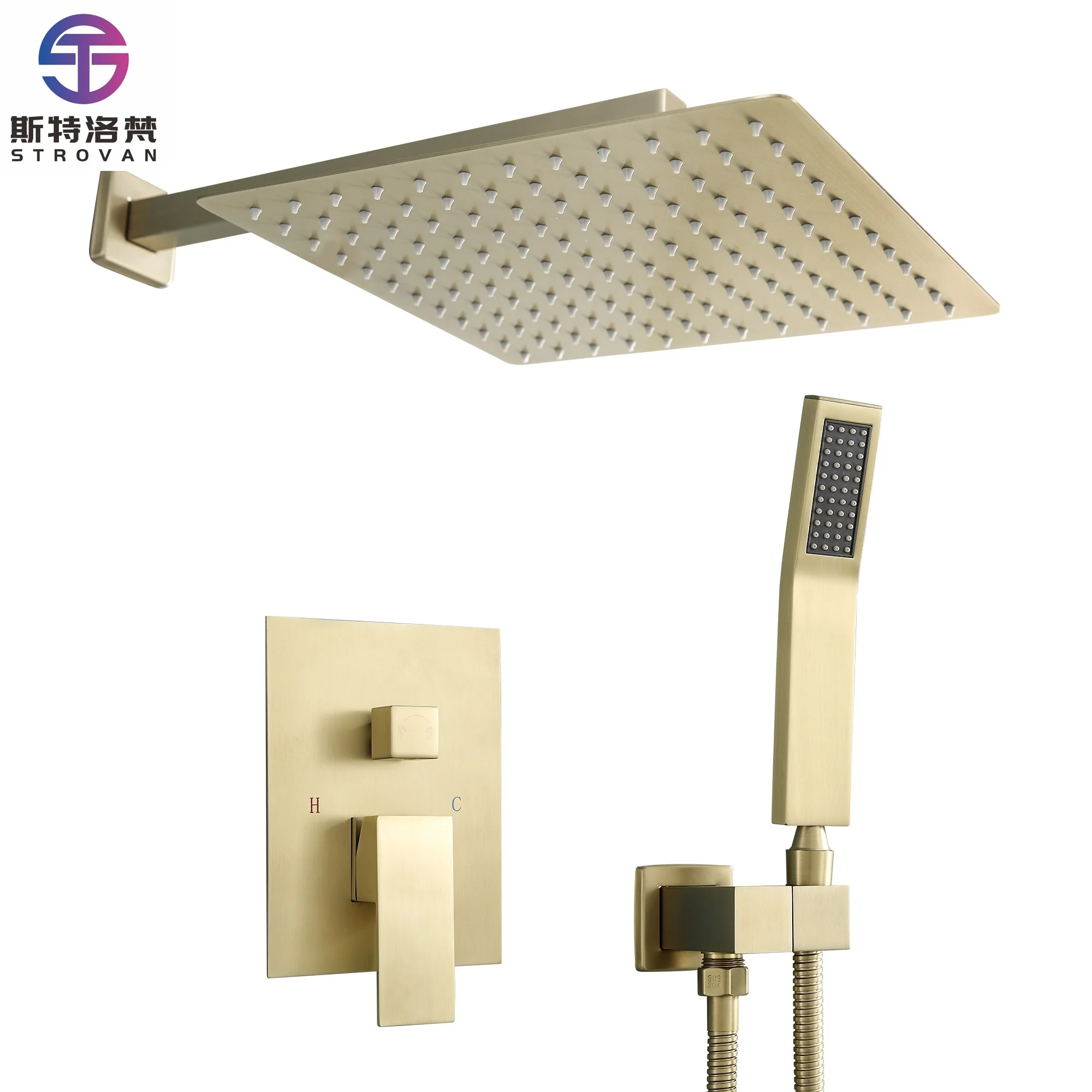 

10Inch Gold Shower Faucet Set, Stainless Steel Shower Head with Handle Set and Brass Valve
