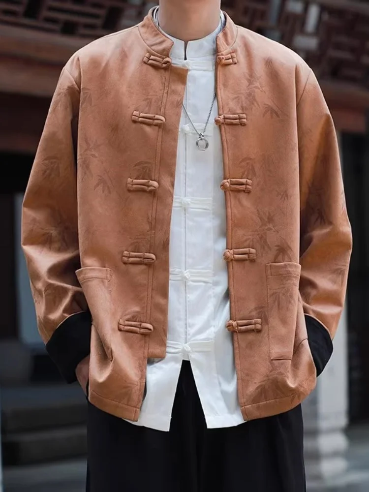 

Новая мужская куртка в китайском стиле: модный ретро-костюм Тан с вышивкой, замшевое бархатное пальто, улучшенный Ханьфу, трендовая верхняя одежда