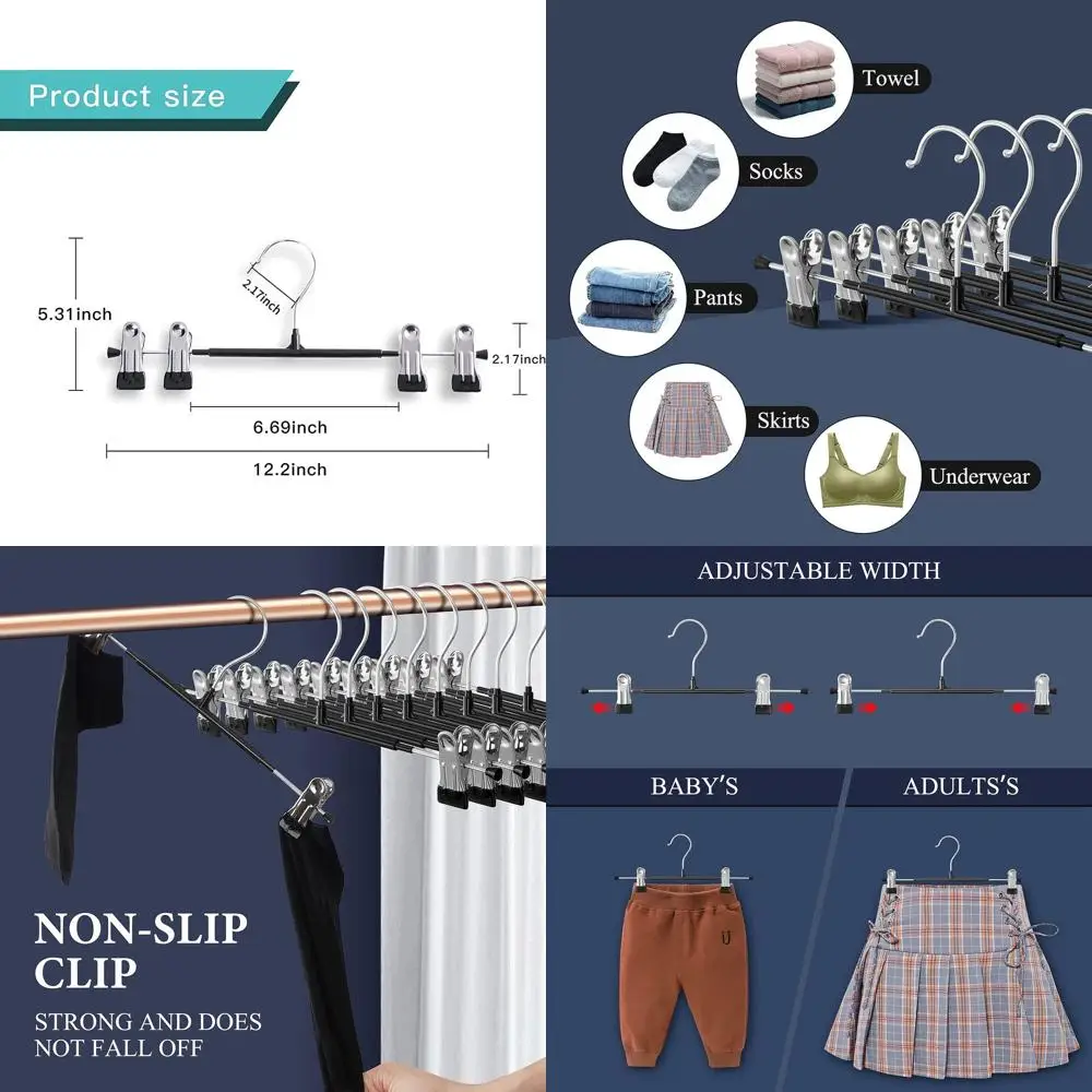 

60-Pack Adjustable Non-Slip Skirt & Pants Hangers, Heavy Duty, Space Saving, Black, 12 Inch