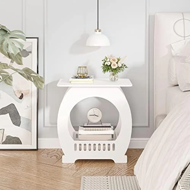 1 Piece End Table White Nightstand With Storage Shelf Basket Slim Coffee Tables Small Spaces,Sofa Table