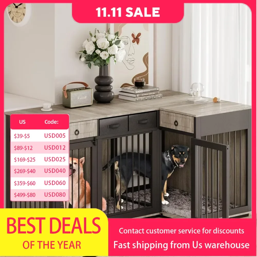 Dog Crate, Wooden Combined Dog Crates Kennel with Fabric Drawers&Removable Divider,Dog Crate Can Use Separately