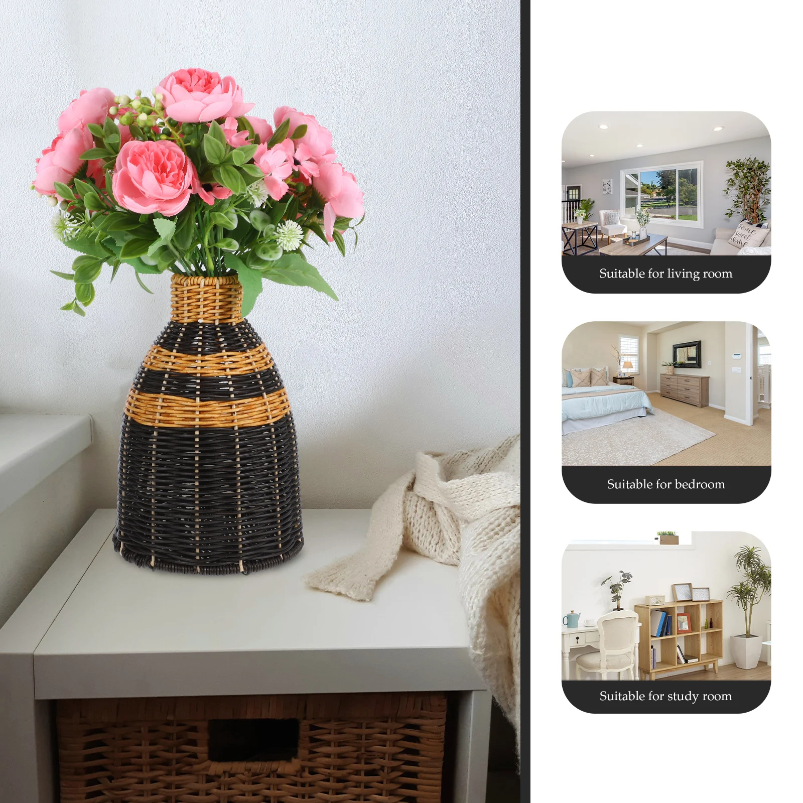 

Braided Vase Plastic Rattan Woven Decorative Flower Container Household Desktop Basket Nordic Style Artificial Sturdy Iron