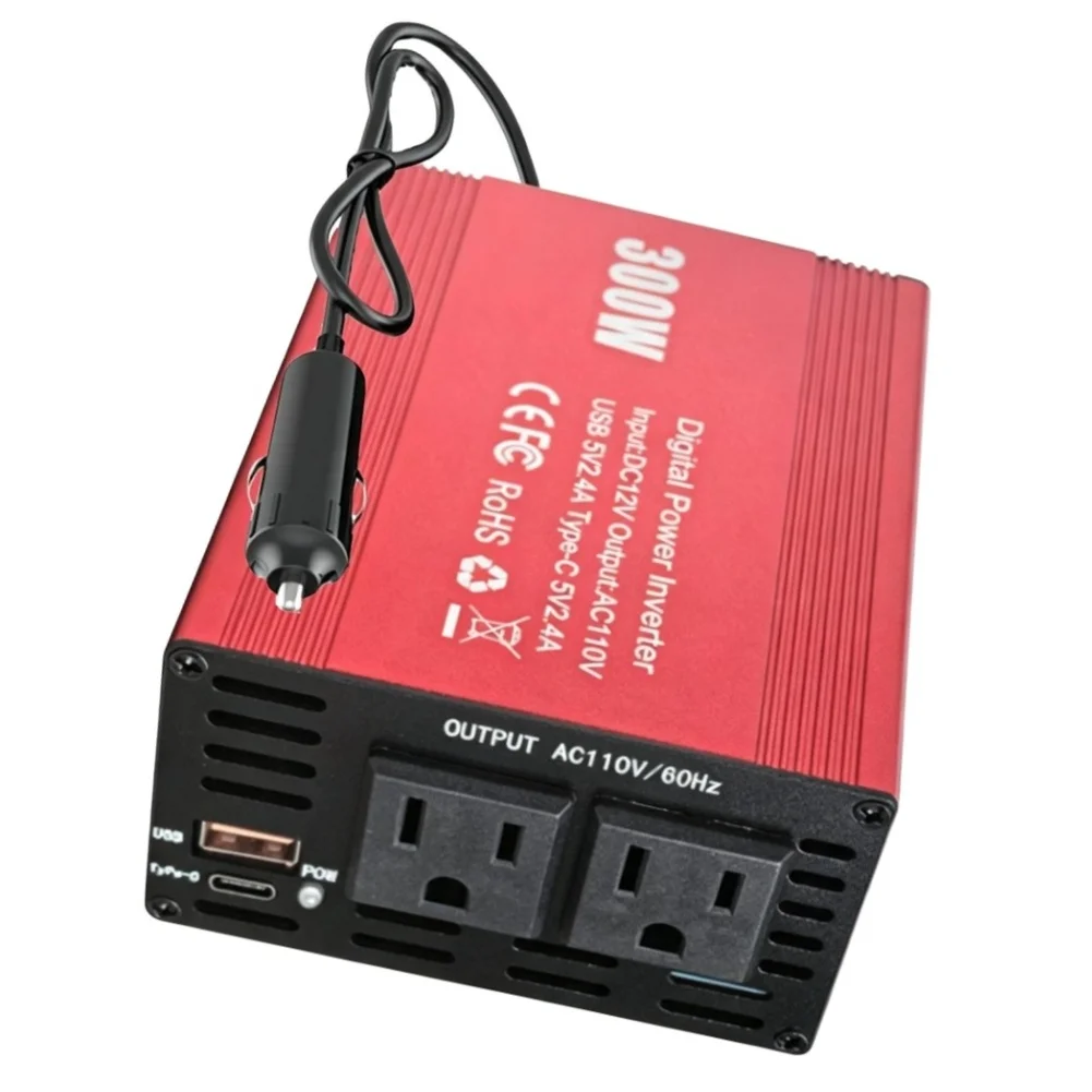 300W Car Power Inverter 12V To 110V Voltage Converter With Dual USB Ports Red Aluminum Alloy For Camping For Road Trip Vehicle