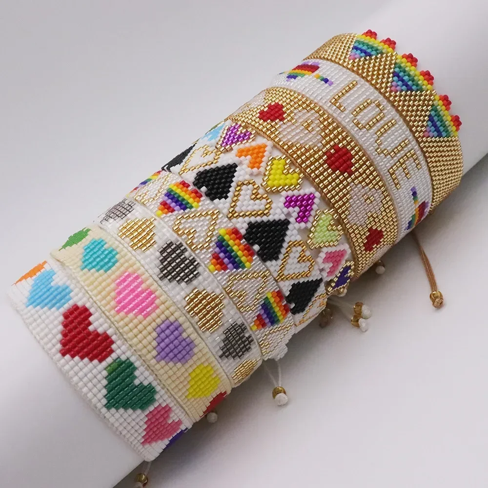 ZGMXR Bohemia Adjustable Bracelet for Women Hand-Knitted Rainbow Heart & LOVE Letter Design Beaded Rice Style Jewelry