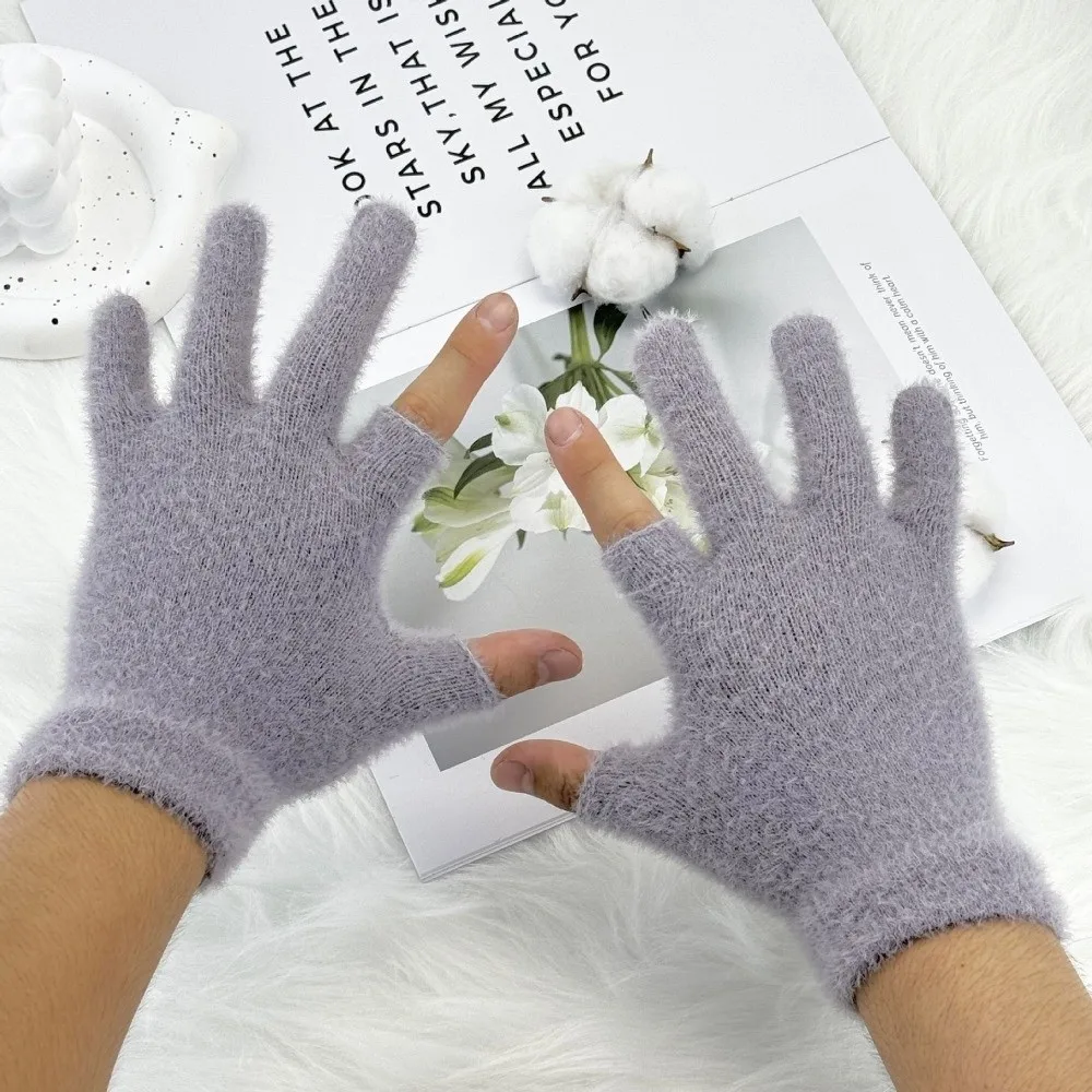 Solid Color Touch Screen Gloves Windproof Faux Rabbit Fur Warm Winter Gloves Knitted Fabric Unisex Design Faux Rabbit Fur Gloves