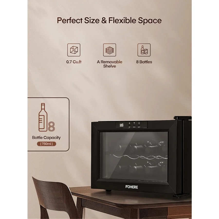 8-Flaschen Weinkühler-Kühlschrank mit doppelten Glastüren, LED-Beleuchtung, digitale Temperaturregelung, ideal für Weinkeller Stora