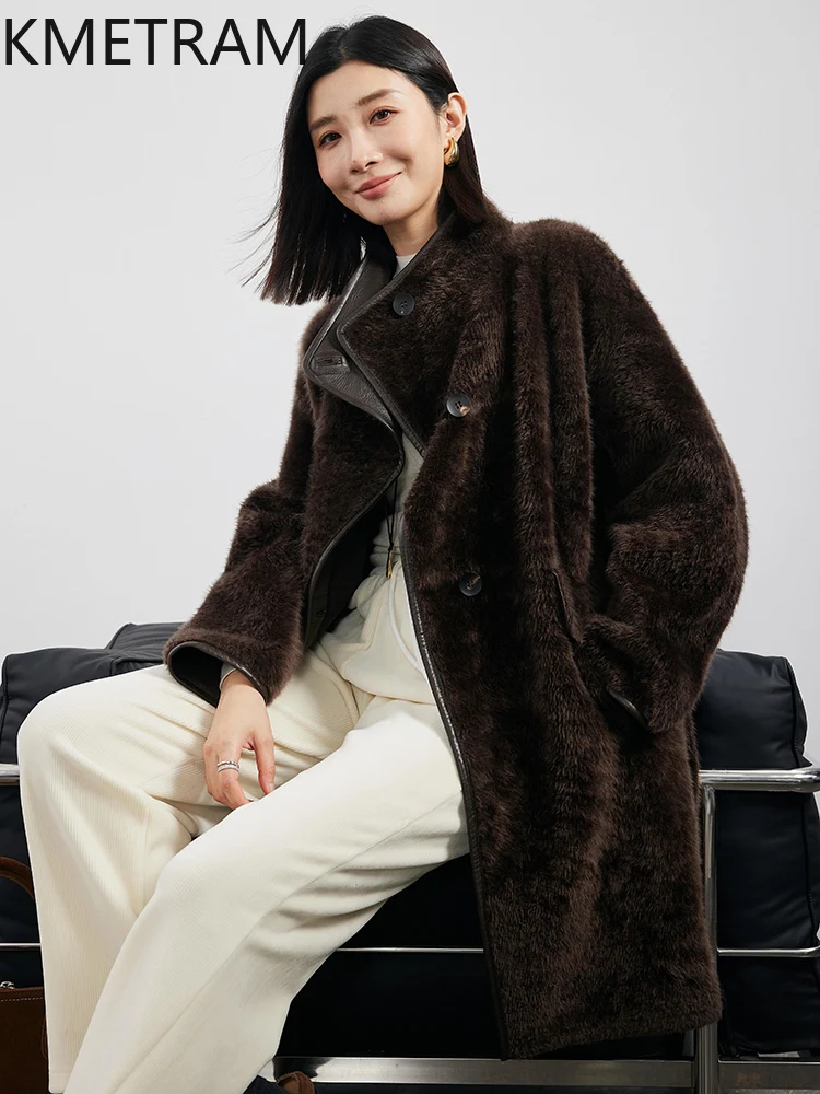 Natural Merino Wool Sheepskin Double Faced Fur Jacket Woman Dark Brown Mid Length Real Fur Coat 2025 Winter Clothes Women шуба