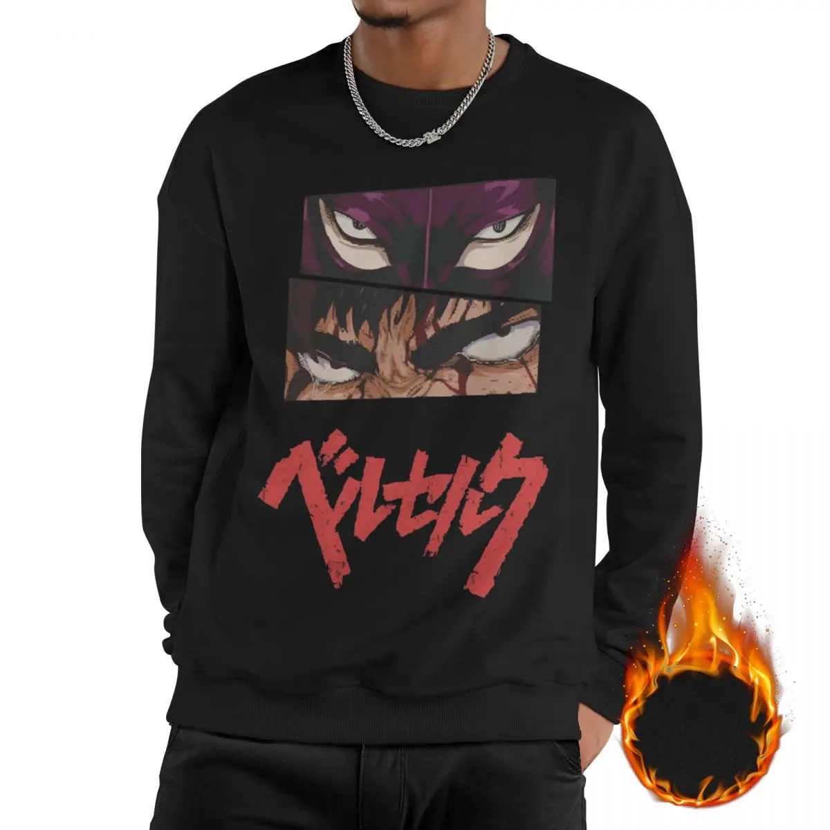 

Men Japan Manga Berserk Anime Casual Long Sleeves Sweatshirts Fleece Lined Pullover Crewneck Sweatshirt Hoodie