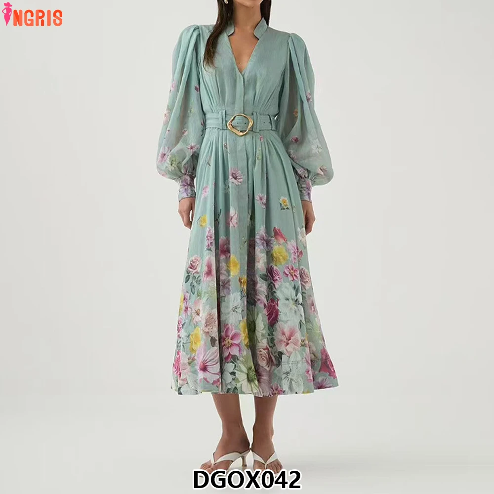 

Autumn Printed Dresses Ethnic Lantern Long Sleeve Ruffled Collar Holiday Dress Women'S Boutique Evening Gown-DGOX042