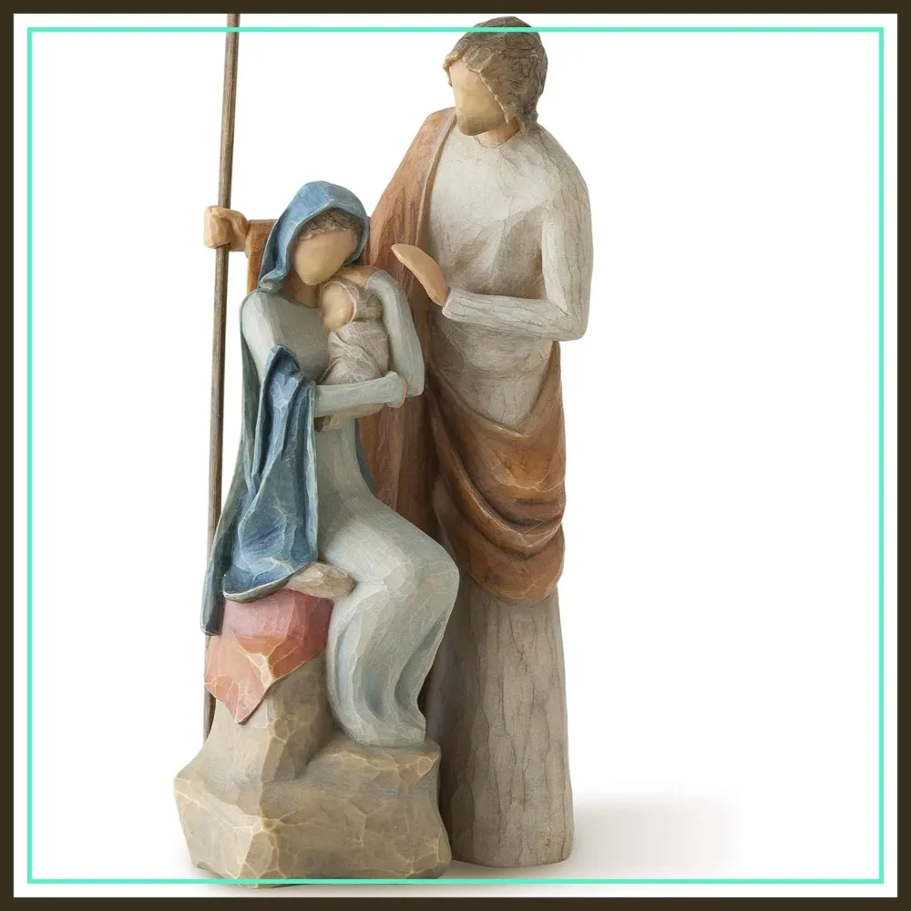 Juego de Natividad de la Sagrada Familia: María, Jesús y José, Base Tallada Pintada a Mano