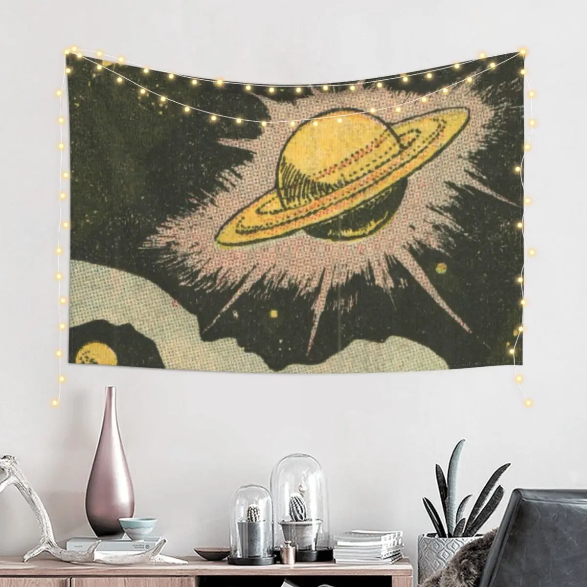 Saturn and Stars - Vintage Comic Anime Tapestry Room Decor Cute Room Decoration Aesthetic Tapestry