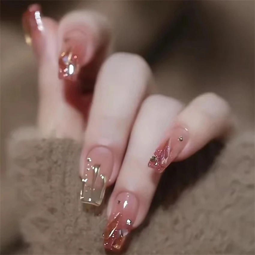 24Pcs/Set Pearl Drilling Square Wearing False Nails Repeated Use Press on Nail Tips Gradient Color Halo Explosion Fake Nails Art