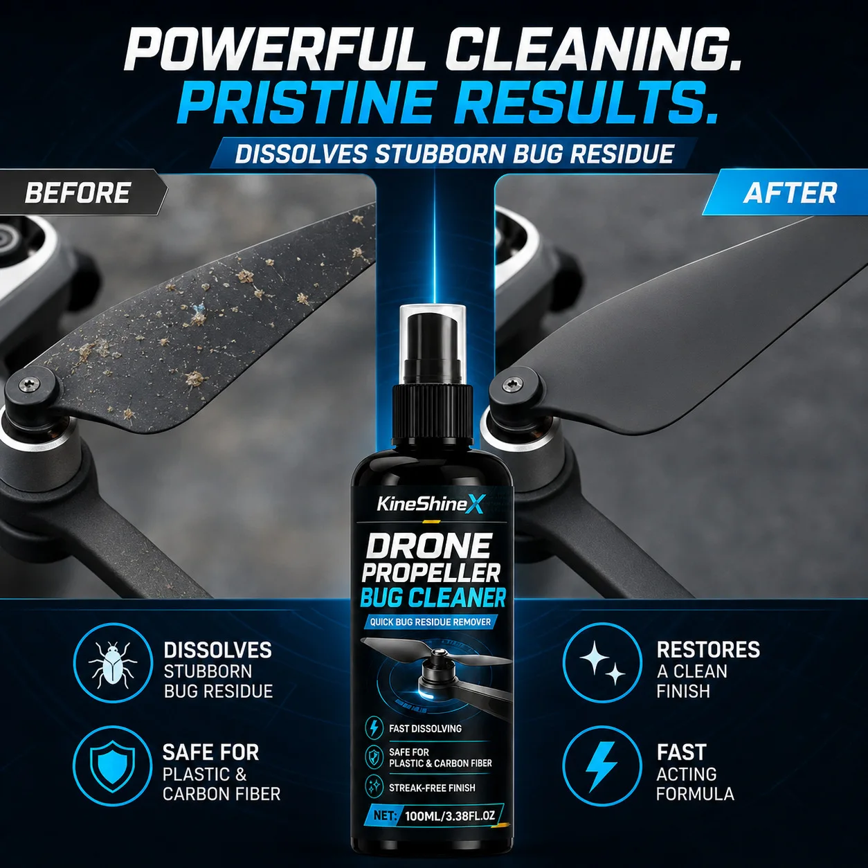 Drone Propeller Bug Cleaner Spray 100ML with Microfiber Cloth, Fast Residue Remover for Propellers, Arms, Shell & Landing Gear