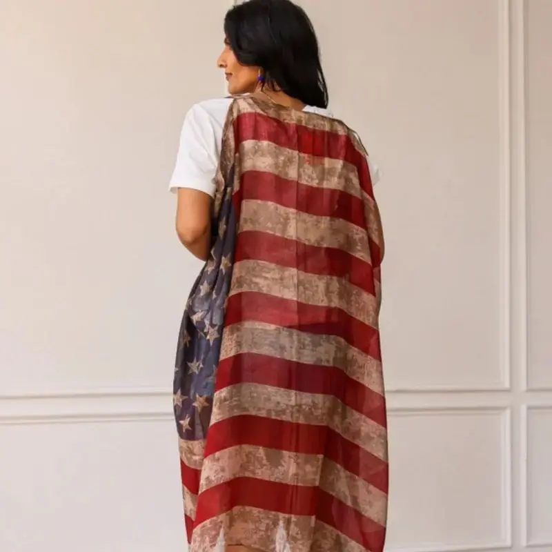 미국 국기 타원형 스카프, 애국 별 패턴, 머플러, 보일 소프트 랩, 기하학적 줄무늬 스카... - 2