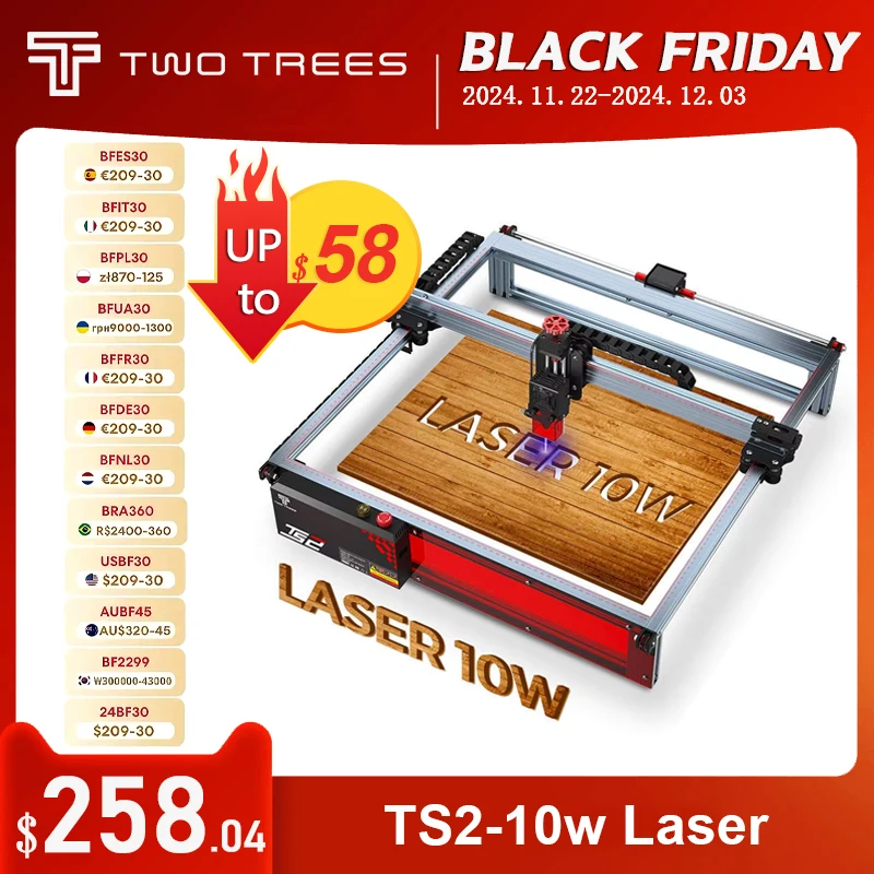 TWOTREES TS2 10W Hot Sale 10000mm/min Speed 450*450mm Work Area small co2 laser engraving and cutting machine For Wood