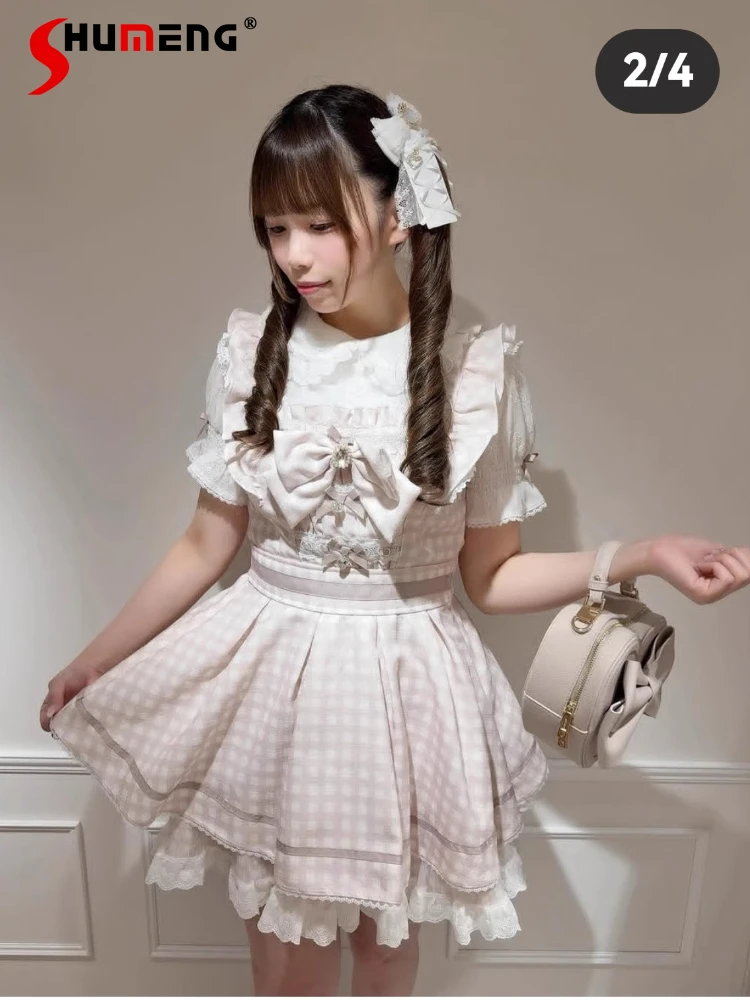 

Japanese Mine Style Mass-produced Doll Collar Lace Bow Bubble Sleeve Plaid Dress Elastic High-waisted Shorts Two-piece Set Women