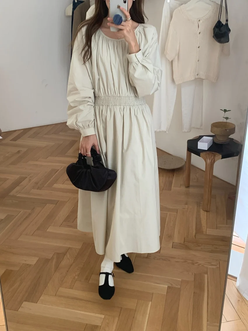 Alien Kitty Solid ฤดูใบไม้ผลิ Maxi ชุดผู้หญิงปิดเอวหลวม Vintage 2025 Chic Slim Minimalist Casual แขนยาวใหม่