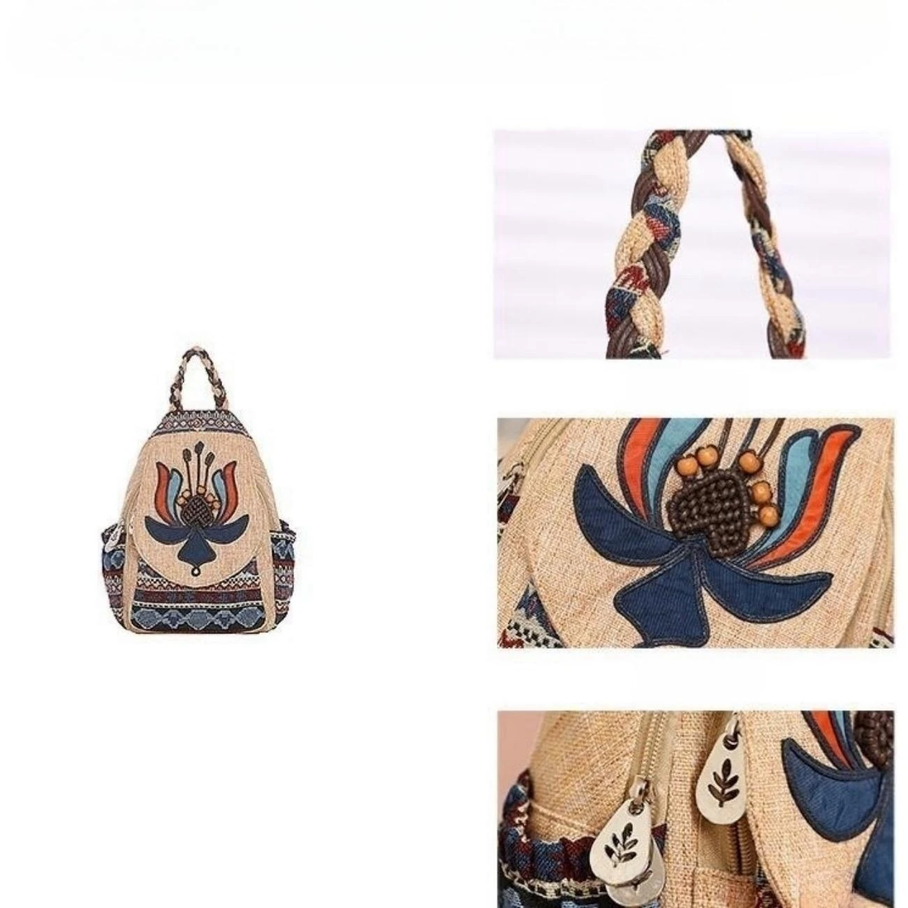 Ethnic style hand woven backpack with double layer fabric and versatile casual backpack, lightweight canvas travel bag