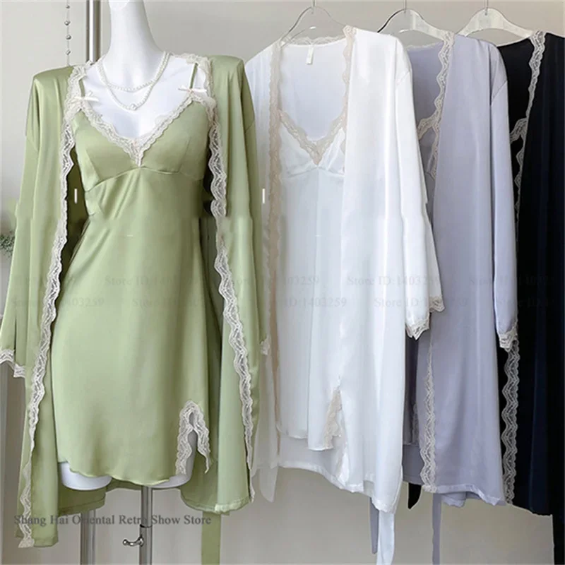 Sexy Lace Twinset Robe Set Suspender Nightdress Lingerie Sleepwear Spring Summer New Sleepwear Nightgown Loose Home Dress Pajama 2