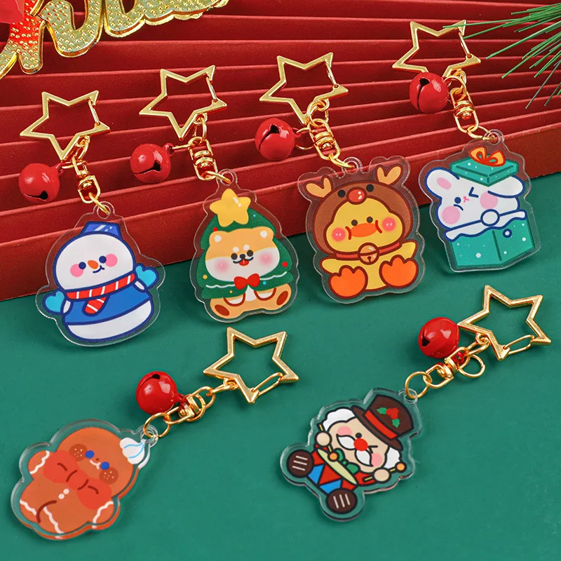 Cute Christmas Style Cartoon Keychains - Star Ring & Bell Charm Pendant for Children's Backpacks Pencil Cases Xmas Gift for Kids