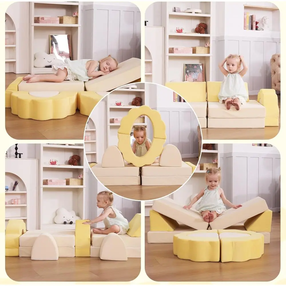 طقم أريكة للأطفال الصغار مكون من 10 قطع، أريكة إسفنجية متعددة الوظائف لغرفة اللعب بحجم متوسط، أصفر وبيج #6
