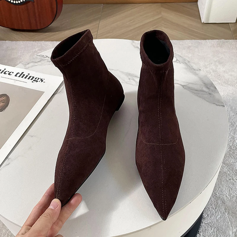 Pointed Toe Women Snow Ankle Boots Suede Flats Fashion Shoes Designer Chelsea Boots Trend New Goth Botas De Mujer